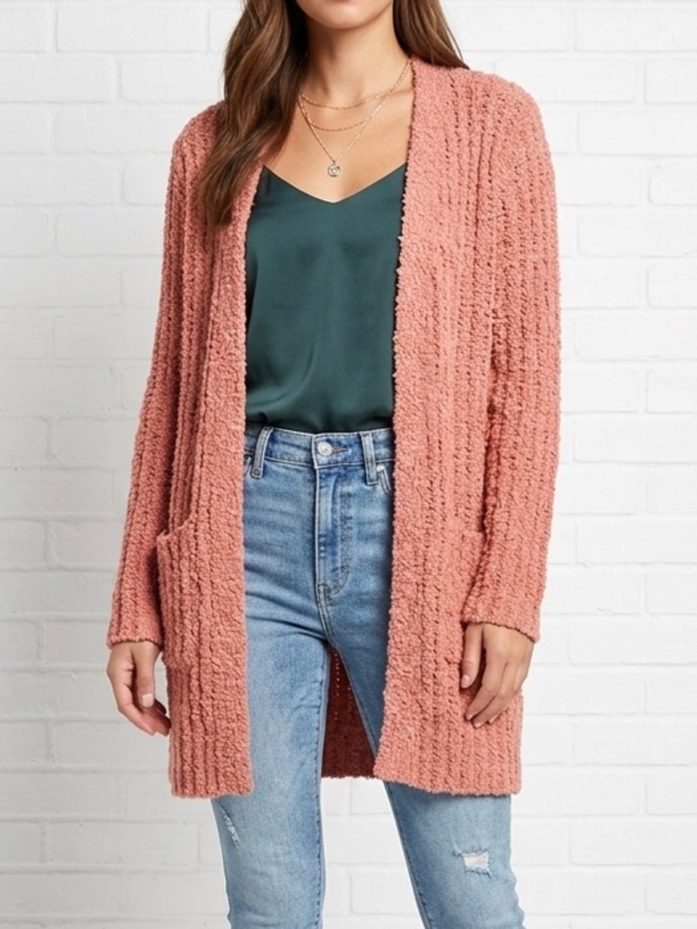 Absolutely Famous Pink Popcorn Knit Open Front Cardigan Small Cozy Boho